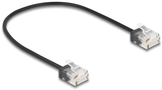 Un cavo Ethernet nero con due connettori RJ45 alle estremità, adatto per connessioni di rete.
