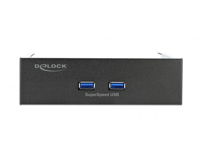 Vista frontale di un hub USB 3.0 nero Delock con due porte USB blu. Scritta: SuperSpeed USB.