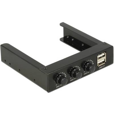 Accessorio PC nero per il controllo dei ventilatori con quattro manopole e due porte USB 2.0. Adatto per l'installazione all'interno di case per computer.