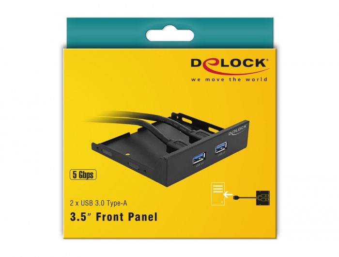 Confezione gialla con pannello frontale nero da 3,5" e due porte USB 3.0. Marchio e slogan in alto, velocità di trasferimento dati 5 Gbps.