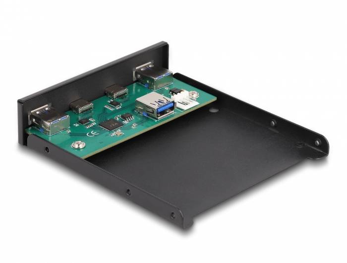 Un inserto PC nero da 3,5 pollici con una scheda verde che presenta più porte USB, tra cui una porta USB 3.0.