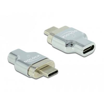 Due adattatori USB-C argentati. Uno mostra la spina, l'altro la porta. Su entrambi è presente la scritta 'DELOCK'.