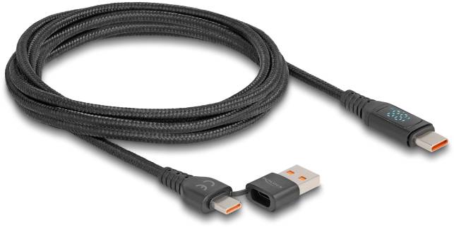 Cavo USB intrecciato nero con connettori USB-A e USB-C alle estremità, adatto per il trasferimento dati e la ricarica.