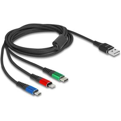 Un cavo USB nero con tre diversi connettori: Micro-USB (rosso), Lightning (blu) e USB-C (verde).