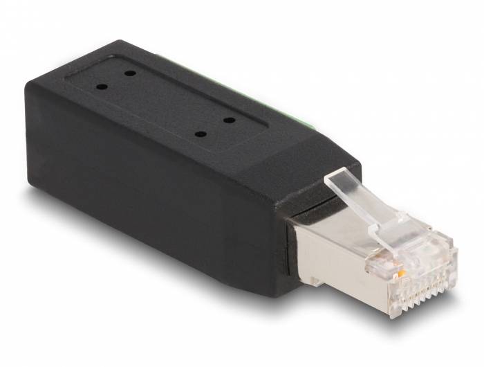 Un adattatore RJ45 nero con connettore trasparente, utilizzato per collegare cavi di rete in reti informatiche.