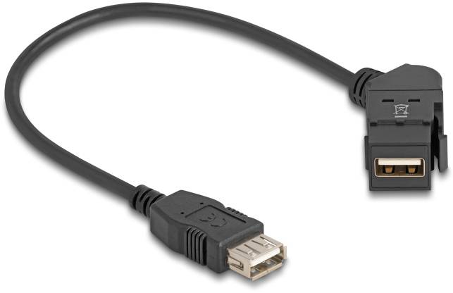 Un cavo di prolunga USB nero con un connettore USB standard sul lato sinistro e un connettore a gomito sul lato destro.