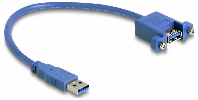 Un cavo di prolunga USB 3.0 blu con connettori maschio e femmina, adatto per il trasferimento dati.