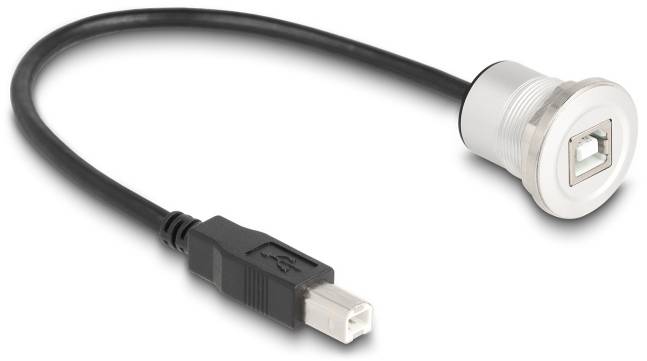 Un cavo USB con un connettore nero su un lato e un jack rotondo argentato sull'altro lato.