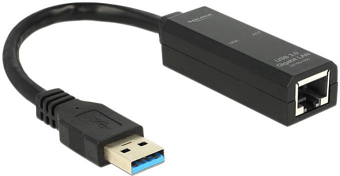 Un adattatore nero USB 3.0-to-LAN con un connettore USB su un lato e una porta Ethernet sull'altro lato.