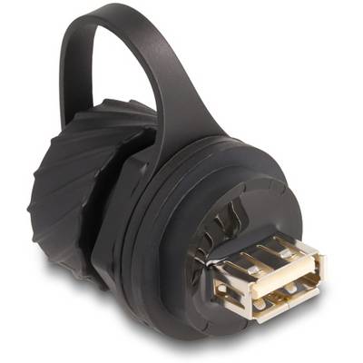 Connettore USB nero impermeabile con cappuccio di protezione, ideale per l'uso in ambienti umidi.