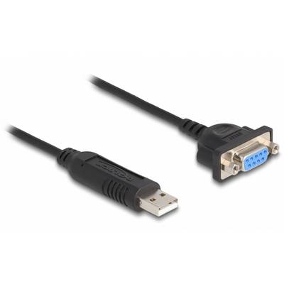Un cavo adattatore da USB a seriale, con connettore USB-A sul lato sinistro, connettore seriale a 9 pin sul lato destro, cavo nero.