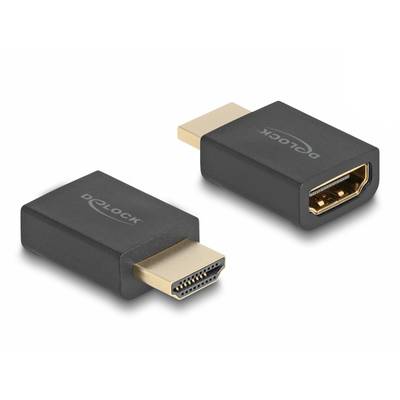 Due adattatori HDMI neri, uno con connettore maschio, l'altro con connettore femmina, entrambi stampati con il marchio 'DELOCK'.