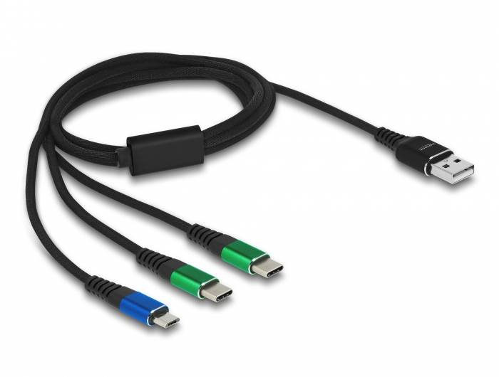 Cavo di ricarica 3-in-1 con connettore USB-A su un lato, e spine USB-C in blu, verde e nero sull'altro lato.