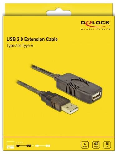 Confezione di un cavo di prolunga USB 2.0 (Type-A a Type-A) di Delock. Compatibile con 480 Mbps, lunghezza 15 m.