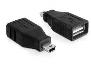 Due adattatori USB neri: a sinistra con una spina Mini-USB, a destra con una porta USB. Entrambi servono per collegare dispositivi.