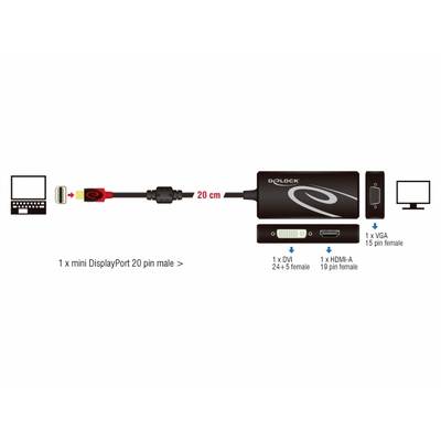 Diagramma mostra cavi adattatori da Mini DisplayPort a DVI, HDMI e VGA, con relativo tipo di connettore e numero di pin. Laptop e monitor come dispositivi di esempio.