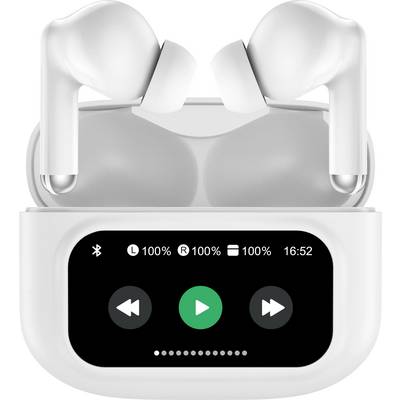 Auricolari wireless bianchi in-ear con custodia di ricarica dotata di display che mostra lo stato della batteria, informazioni Bluetooth e di riproduzione.