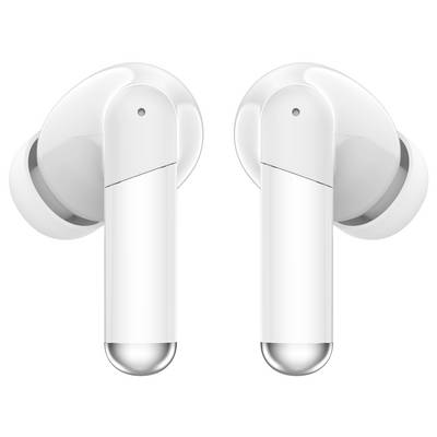 Auricolari wireless bianchi con accenti metallici lucenti. Mostra entrambe le viste laterali, adatti per dispositivi audio portatili.