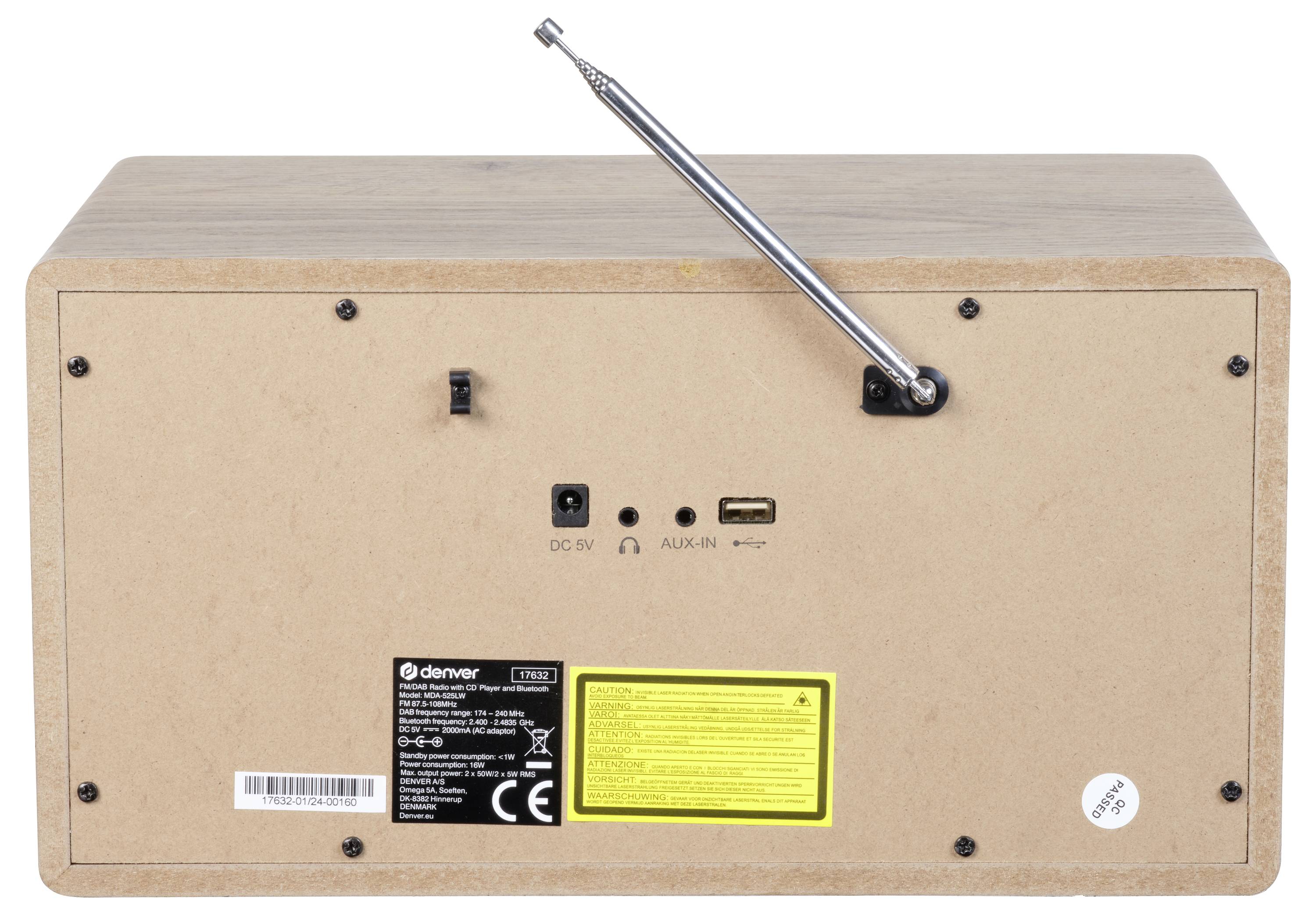 Retro di un contenitore in legno con antenna, connessione di alimentazione, ingresso AUX, porta USB e informazioni del produttore.