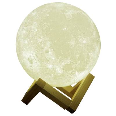 Lampada decorativa a forma di luna piena su un supporto in legno, che emana una luce gialla soft e soffusa.