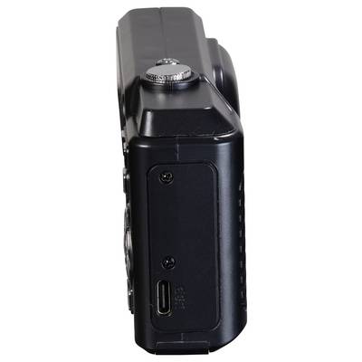 Fotocamera compatta, vista laterale con porta USB visibile.