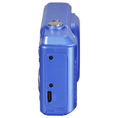 Fotocamera digitale blu, vista laterale con porta USB visibile e vite sulla parte superiore della fotocamera.