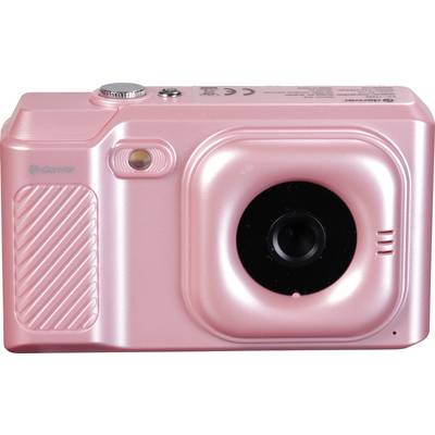 Una fotocamera digitale rosa con un design essenziale e un obiettivo rotondo.
