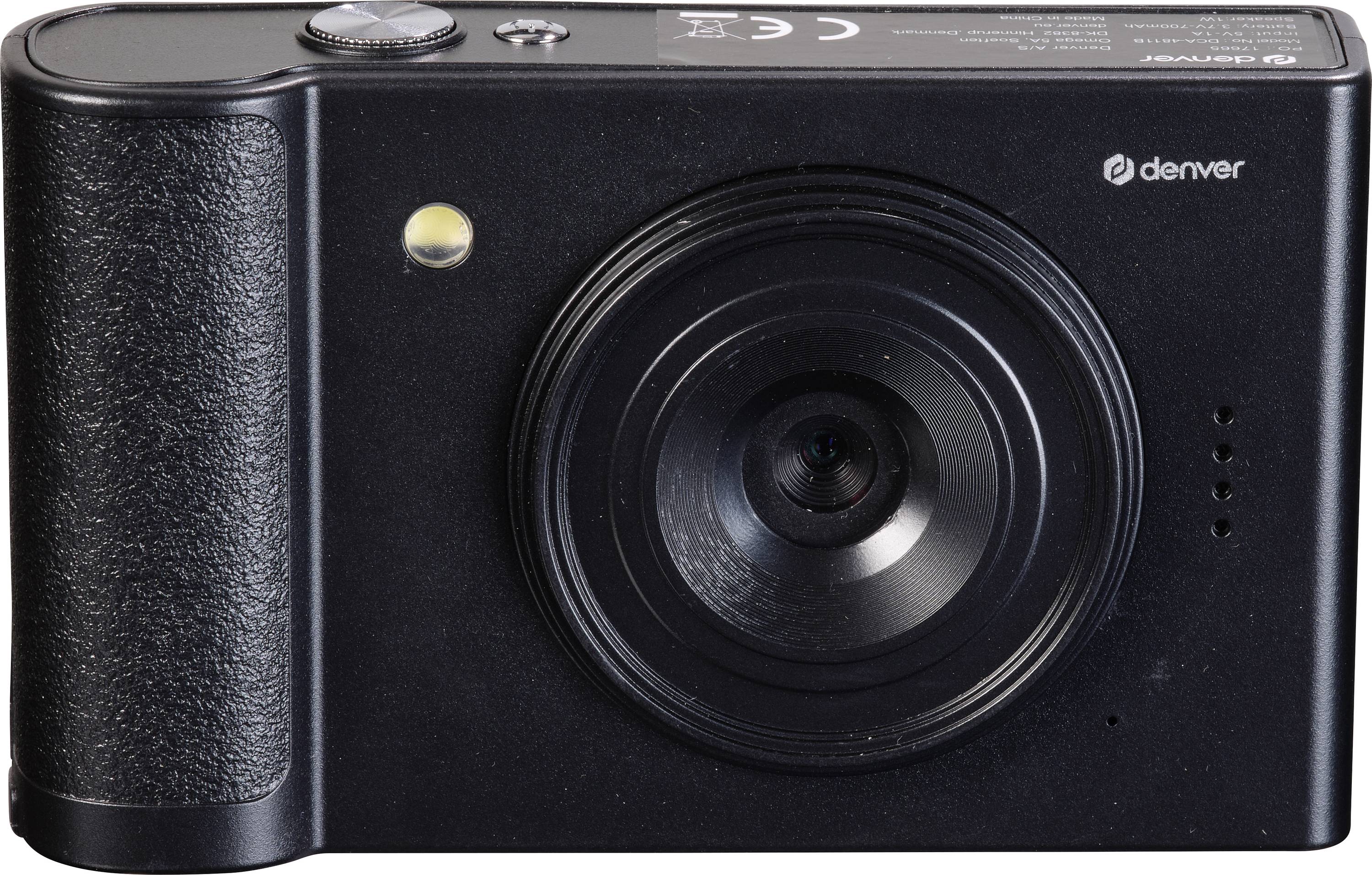 Una fotocamera compatta nera con obiettivo e flash sul lato anteriore, marca 'Denver'.