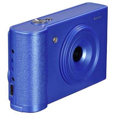 Fotocamera digitale blu dal design minimalista. A sinistra sono visibili le connessioni, in alto un pulsante di scatto.