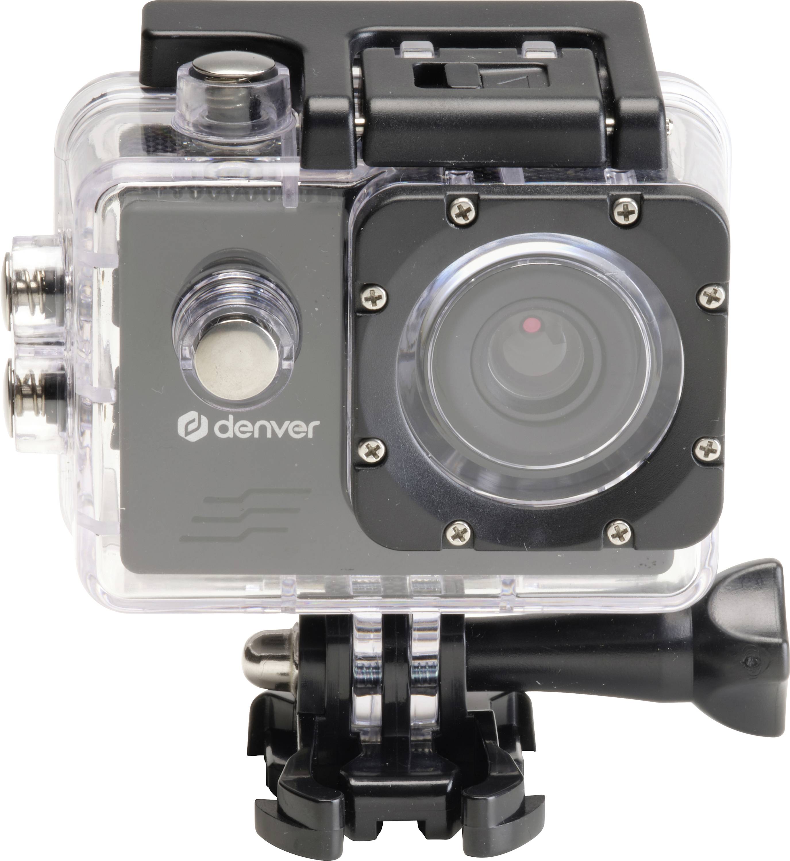 Una action camera impermeabile in un alloggiamento trasparente, con un otturatore nero e un obiettivo sul lato frontale.
