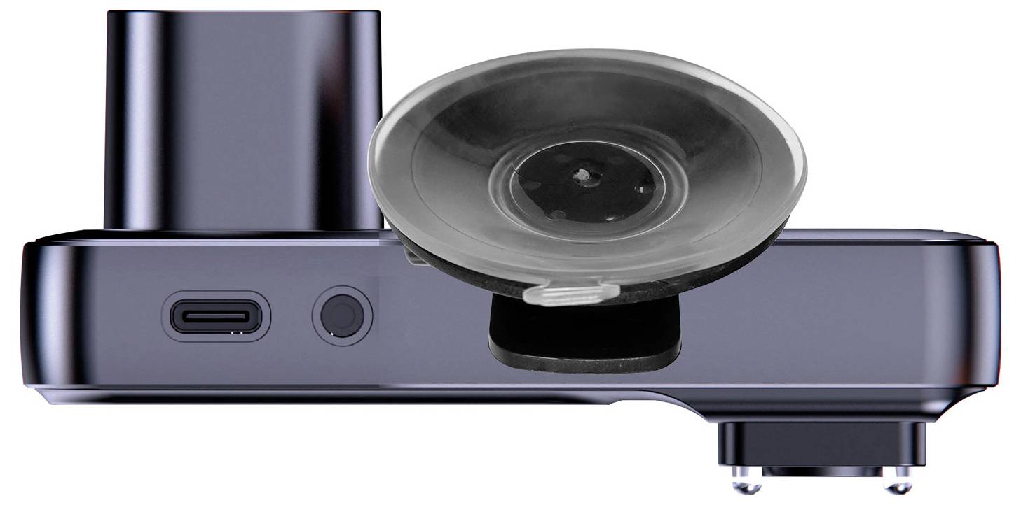 'Vista laterale di una moderna telecamera per auto nera con porta USB e ventosa, idonea per il fissaggio sul parabrezza.'