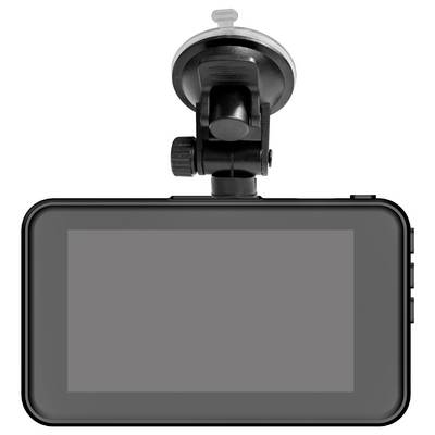 Dashcam con supporto a ventosa, vista posteriore con display. Il dispositivo è pronto per essere installato sul parabrezza di un veicolo.