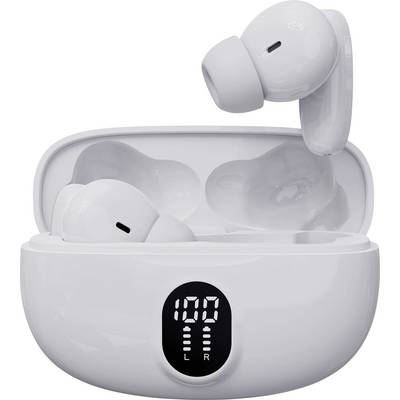 Auricolari wireless bianchi in un custodia di ricarica aperta con display digitale che mostra il livello della batteria.