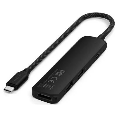 Hub USB-C multporta in materiale nero, dotato di porte HDMI e USB. Presenta un logo bianco con marchio CE.