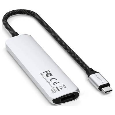Adattatore da USB-C a HDMI con cavo in tessuto, custodia argentata. Nome del marchio e simboli tecnici sulla superficie.