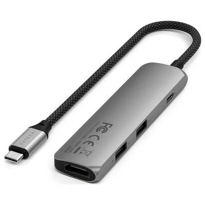 Hub USB-C con cavo di connessione. Dotato di HDMI e multiple porte USB, adatto per collegare dispositivi con porte USB-C.