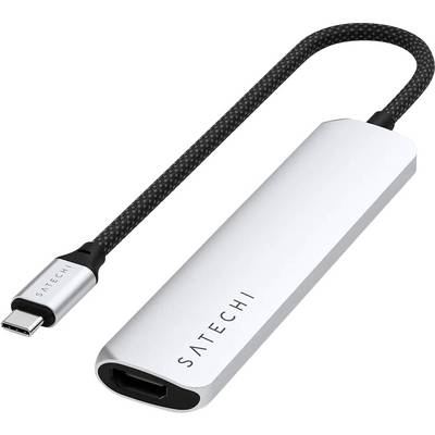 Un adattatore argentato di Satechi con porta USB-C e output HDMI per il collegamento tra dispositivi e monitor.