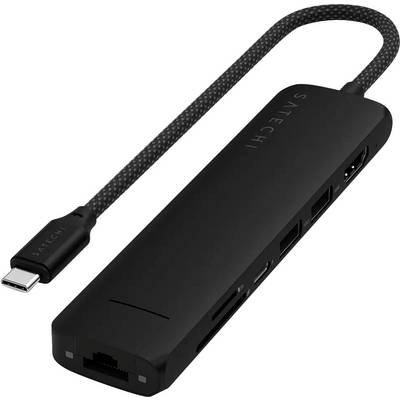 'Adattatore multiporta USB-C nero con cavo, multiple porte e una porta Ethernet, idoneo per il collegamento a diversi dispositivi.'