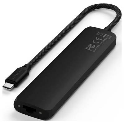 Un adattatore USB-C nero con porta Ethernet e marchi CE e FCC. Ideale per connessioni di rete su dispositivi moderni.