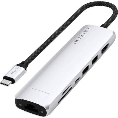 Un hub USB-C argentato con più porte, tra cui HDMI, USB-A, Ethernet e slot per schede. Adatto per laptop.
