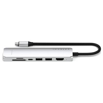Hub USB-C in alluminio con multiple porte: slot per schede SD, due porte USB, HDMI e un ingresso Ethernet. Cavo rivestito in nylon.