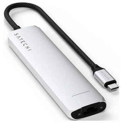 Adattatore USB-C per Ethernet di Satechi. Mostra un compatto involucro argentato con cavo nero, adatto per connessioni di rete.