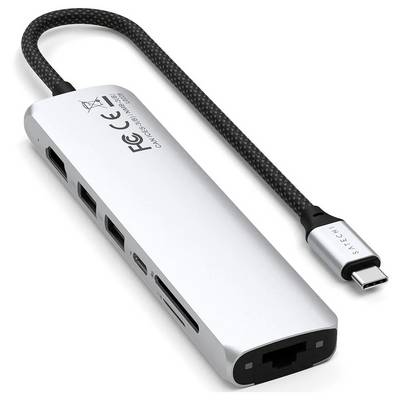 Un hub USB-C argentato con porta Ethernet, tre porte USB, una porta HDMI e uno slot per schede SD.