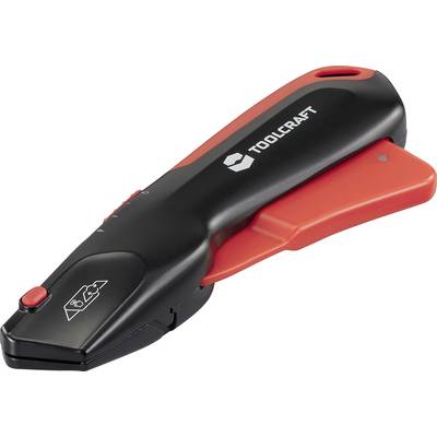 Tagliafili elettrico Toolcraft in nero e rosso. Design compatto con dispositivo di sicurezza scorrevole rosso e pulsante di azionamento.