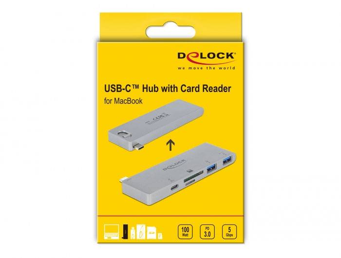 Delock 64078 Hub USB 2+1 Porta USB-A, USB-C®, SD, microSD USB 3.2 Gen1 5 GBit/s con spina USB-C Grigio 64078-4