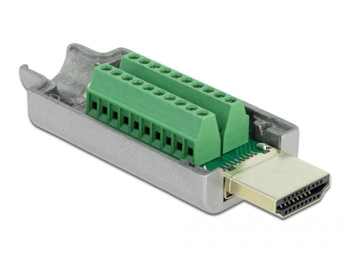 Un adattatore con morsetti di connessione verdi, che si adatta a un'interfaccia HDMI, viene mostrato in un primo piano.