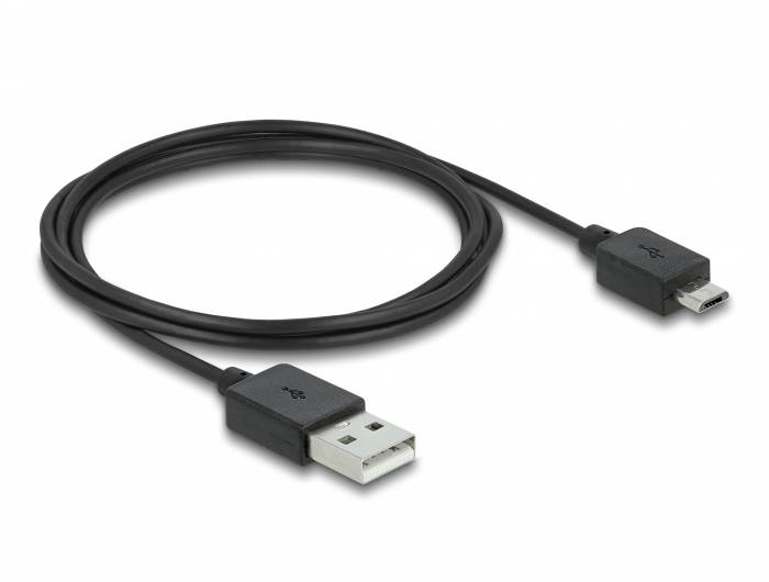 Cavo USB nero con connettore USB standard su un lato e connettore micro-USB sull'altro lato, su sfondo bianco.