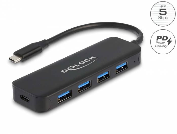 Delock 64170 Hub USB 4 Porte USB-A USB 3.2 Gen1 5 GBit/s con spina USB-C Nero 64170-2