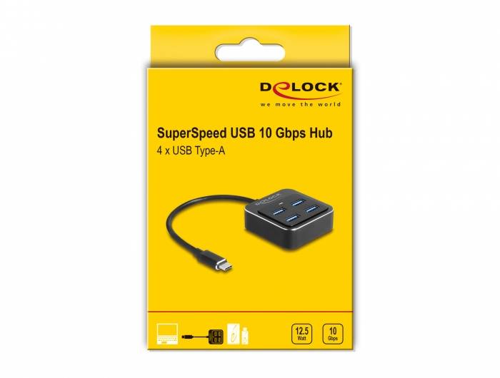 Delock 64191 Hub USB 4 Porte USB-A USB 3.2 Gen2 10 GBit/s con spina USB-C Nero 64191-3