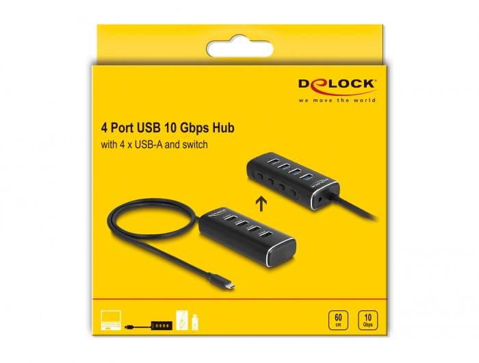 Delock 64233 Hub USB 4 Porte USB-A, Presa DC 3,5 mm USB 3.2 Gen2 10 GBit/s con spina USB-C Nero 64233-5